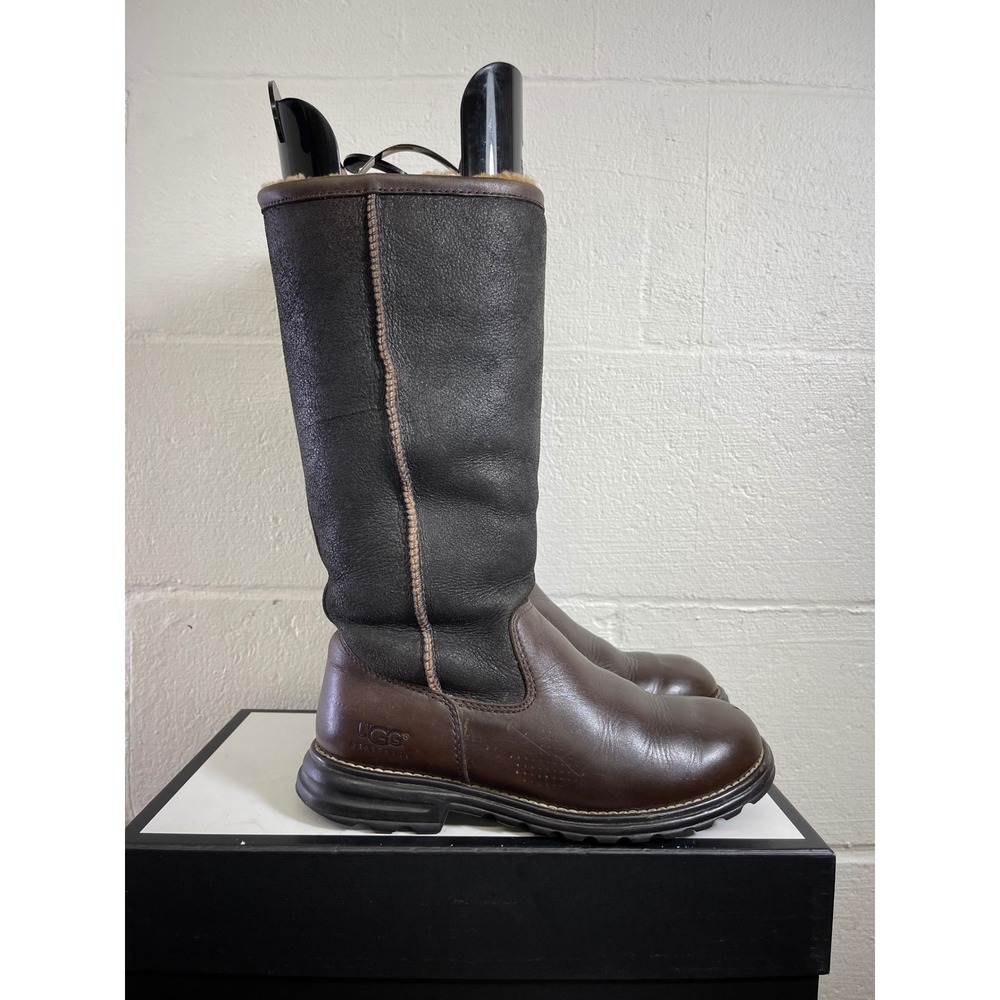 UGG 5490 Boots Black Leather Shearling Winter Lined Boots Pull On Women's 7